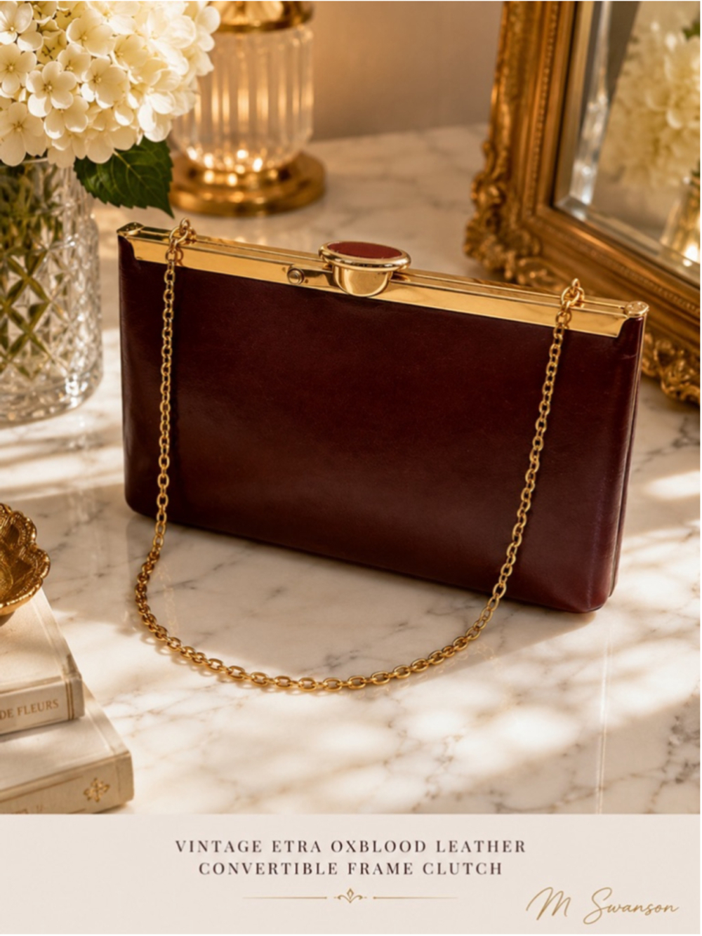 Vintage Etra Brown Leather Frame Clutch with Gold Hardware